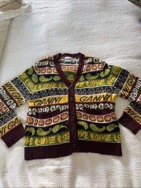 Ganni Multicolor Graphic Knit Cardigan - Green, Yellow, Burgundy
